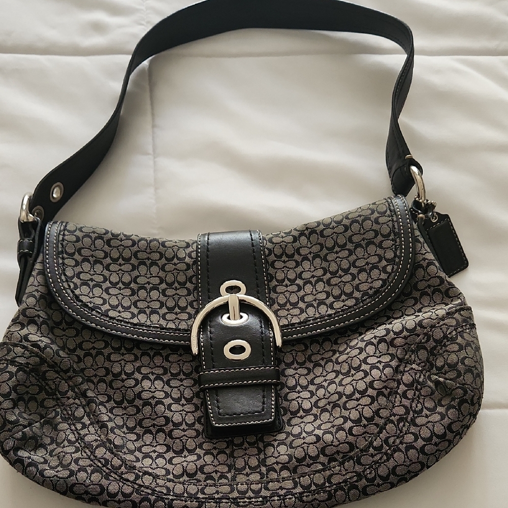 Coach Black and Gray Signature Shoulder Bag with Silver Buckle